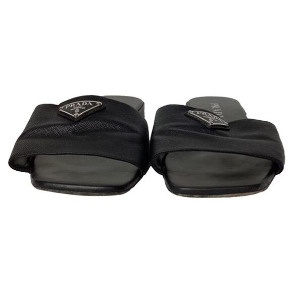 Prada Triangle-Logo Plaque Slide Flat Sandals in Black Leather - Picture 4 of 12
